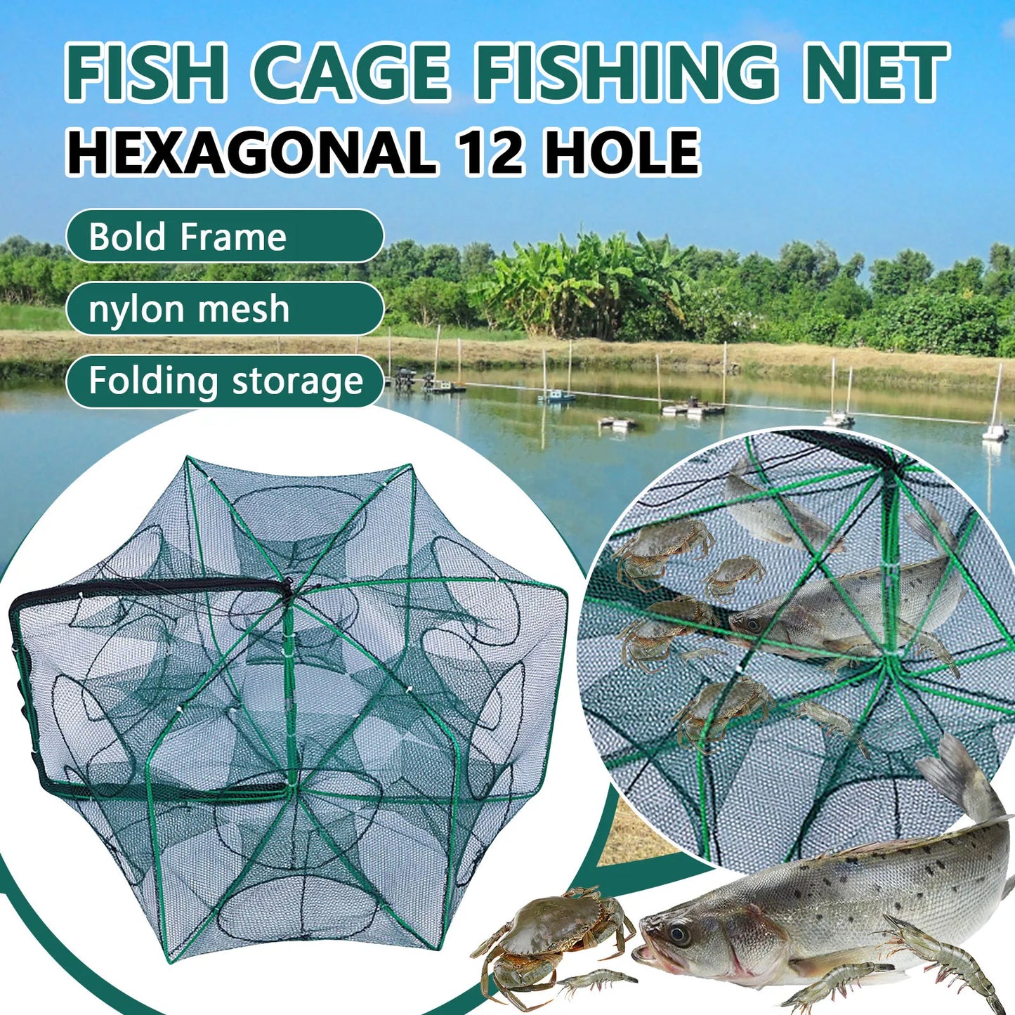 Folding lobster cage 2025 new style fishing trap fishing tool kit fish shrimp crayfish crab fishing net nylon material