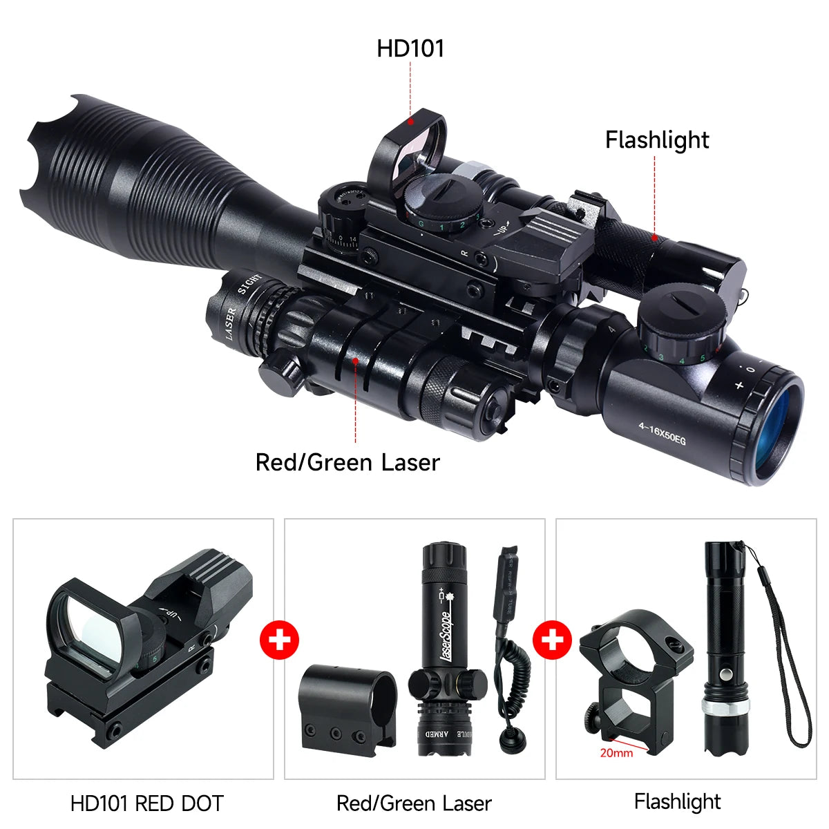Hunting RifleScopes 4-16X50EG W/Red Dot Sight Laser Pointer Flashlight Combo Sight Adjustable Optical Scopes Fit 20mm