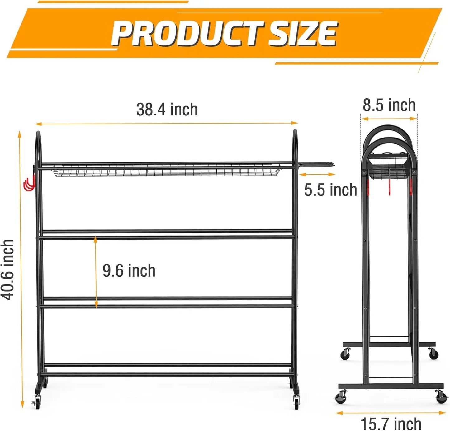 Rolling Sports Equipment Storage Rack with Wheels, Holds Basketballs, Baseball Bats, Volleyballs & Football Accessories
