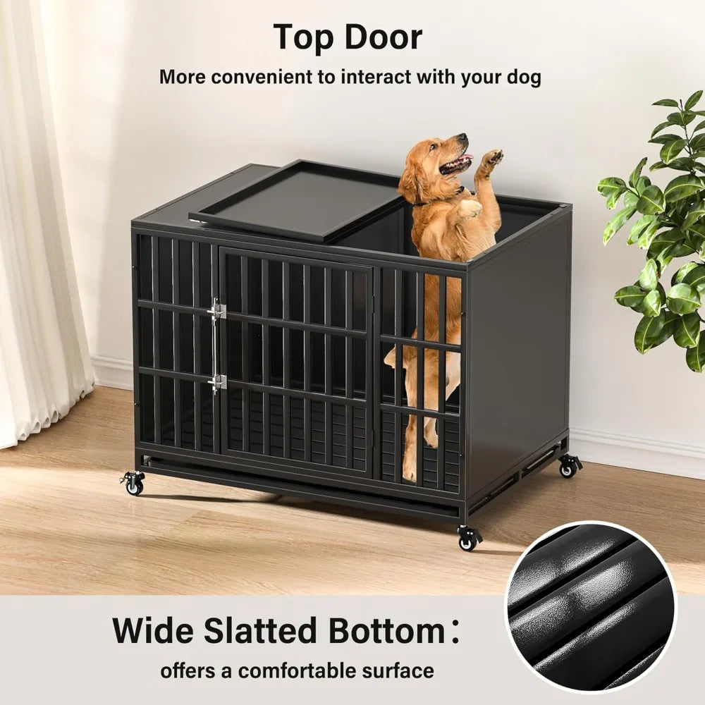 42 Inch Heavy-Duty Dog Crate - Indestructible Steel, Self-Locking Latch, and Chew-Proof Enclosed Design for Large Dogs