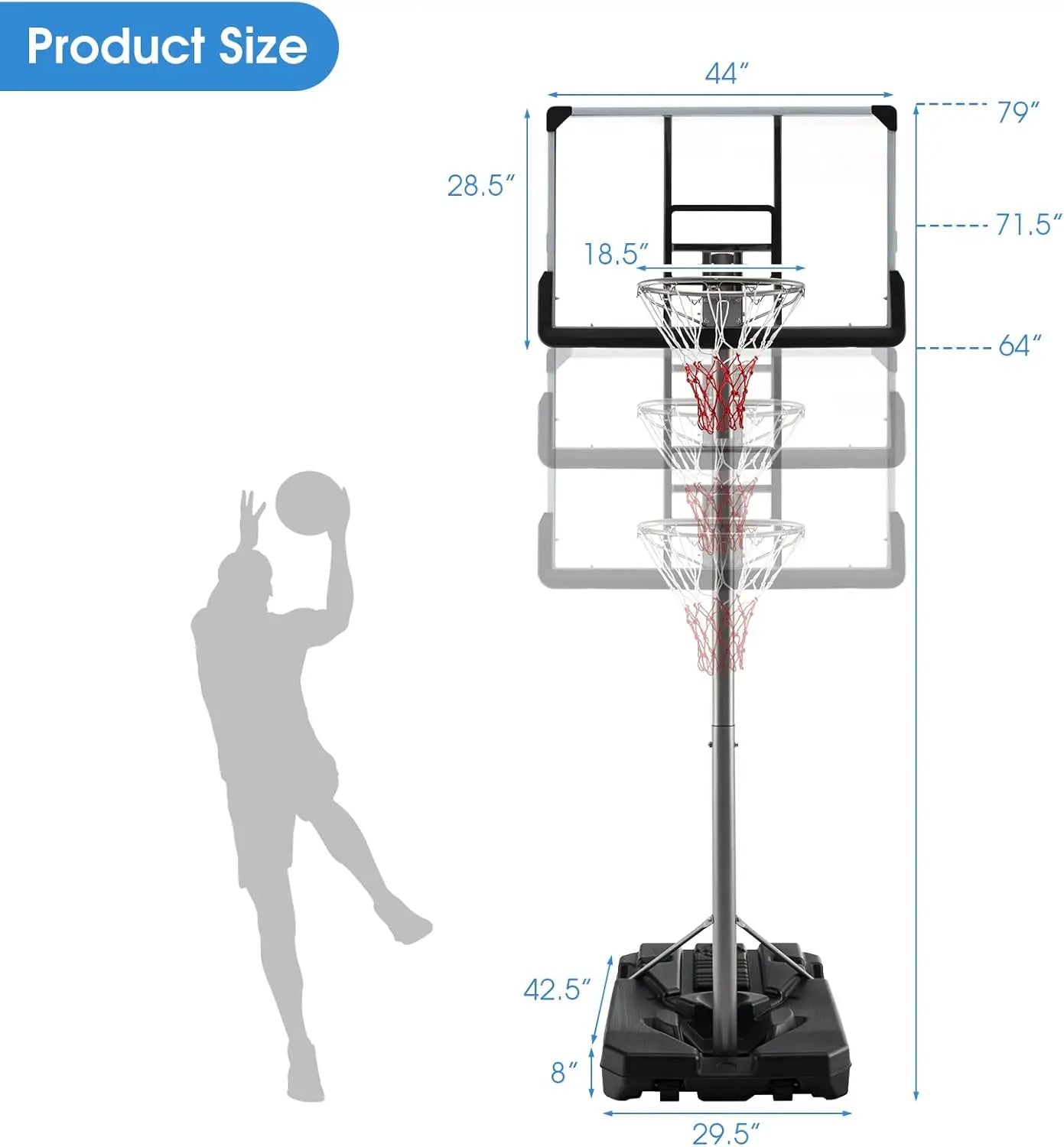 Portable Basketball Hoop Outdoor, Height Adjustable 64''-79'' with Wheels, Shatterproof Board, Fillable Base for Youth