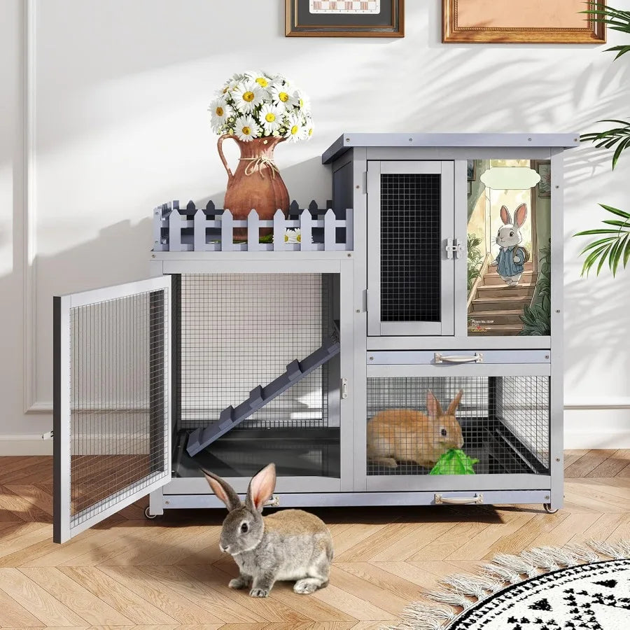 Wood Rabbit Hutch With Balcony Ramp For Indoor Outdoor Use