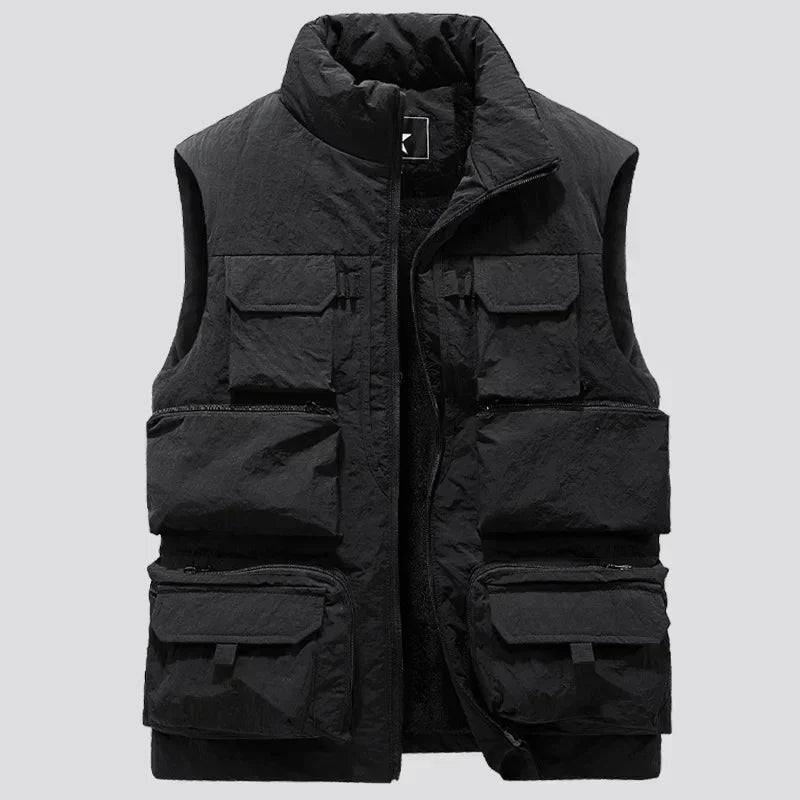 Men's New Keep Warm Fleece Work Sleeveless Jacket Slim Fit Windbreaker Fashion Many Pocket Jacket Men Winter Sleeveless Jackets