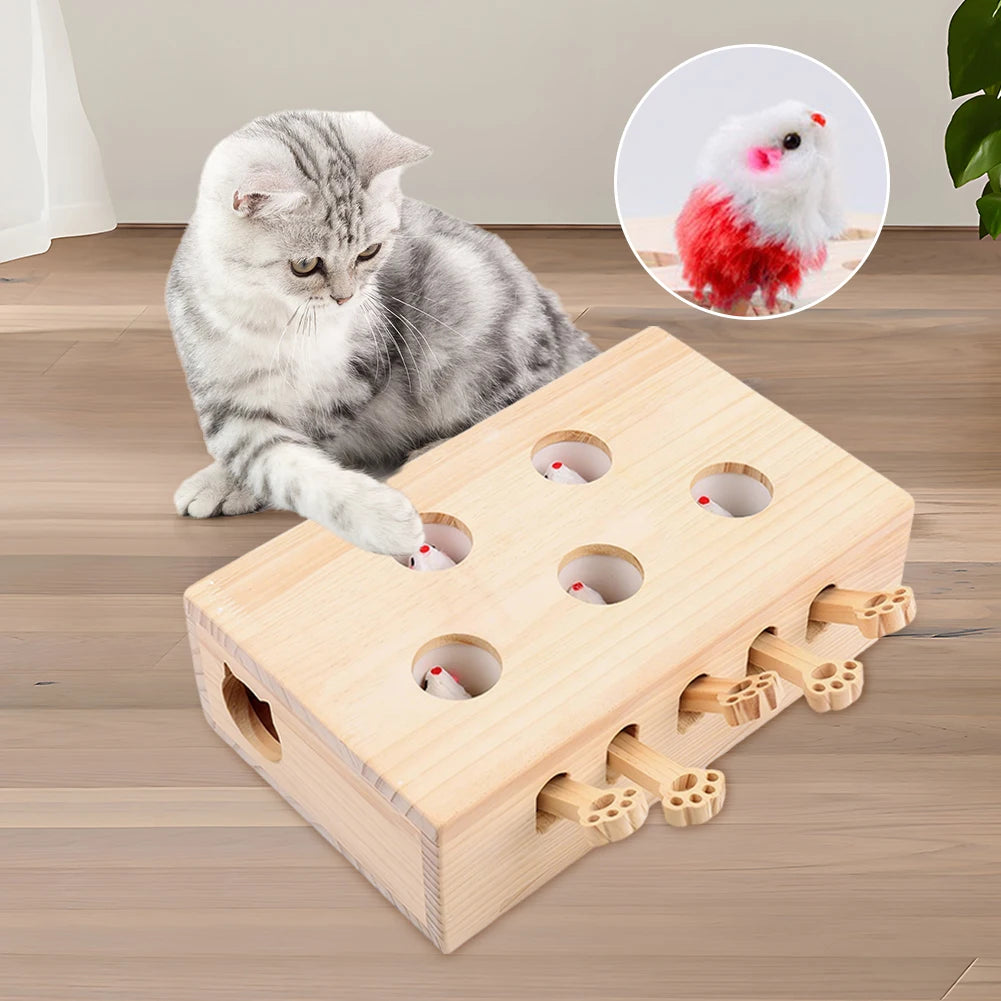 Alloyseed Wooden Whack A Mole Cat Toy Interactive Enrichment