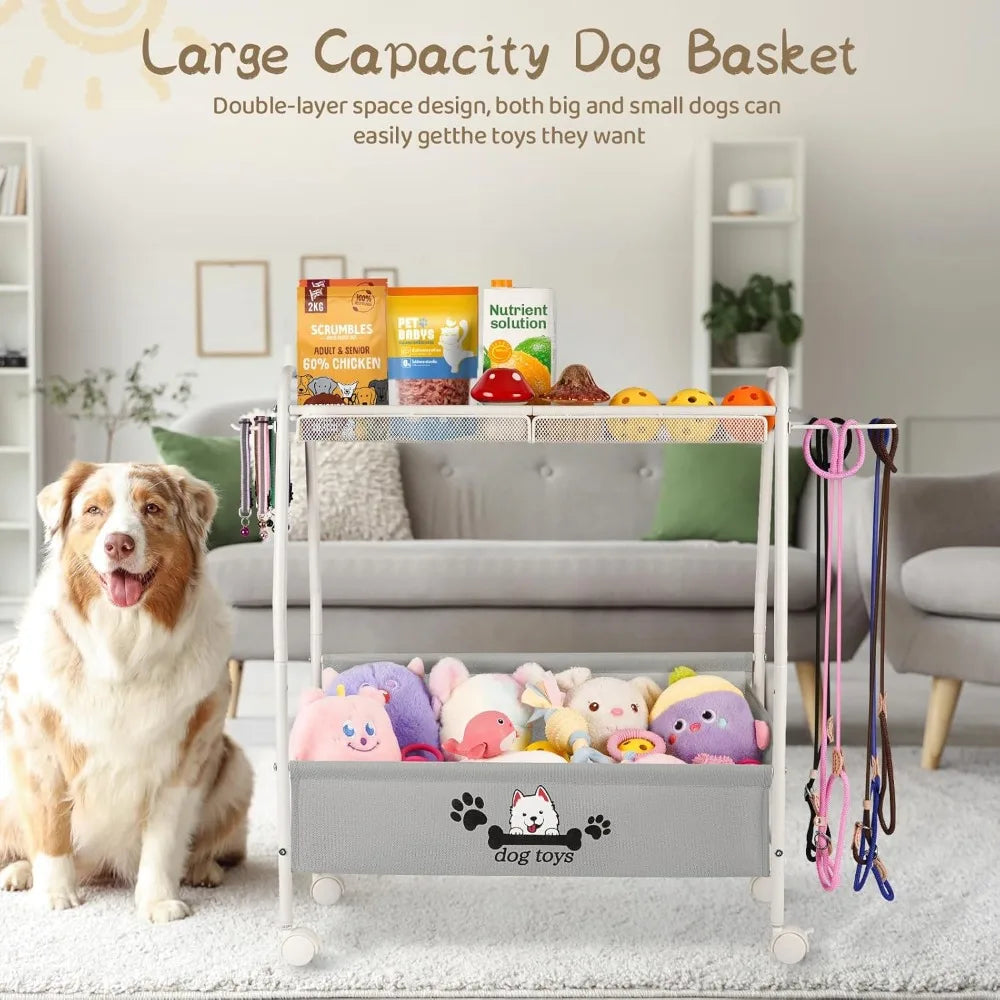 Two Tier Mobile Dog Toy Storage Basket Organizer Living Room