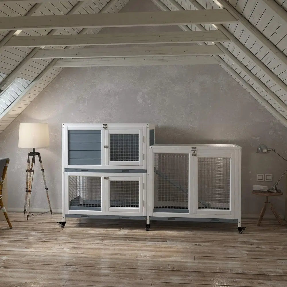 Wooden Indoor Bunny Hutch on Wheels for Small Animals
