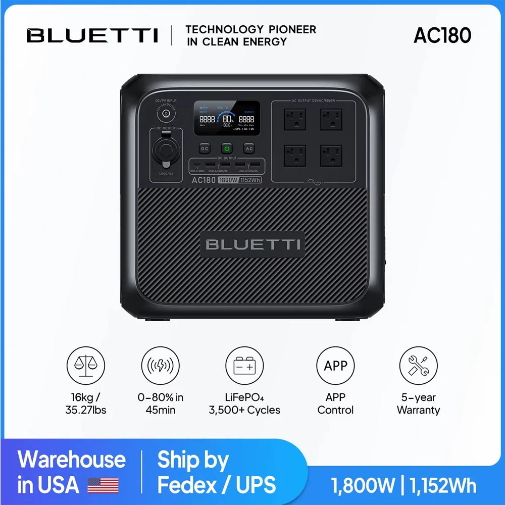 【Brand New】BLUETTI AC180 1152Wh 1800W Portable Power Station LiFePO4 Solar Generator 3500+ Cycles For Camping Hiking Fish