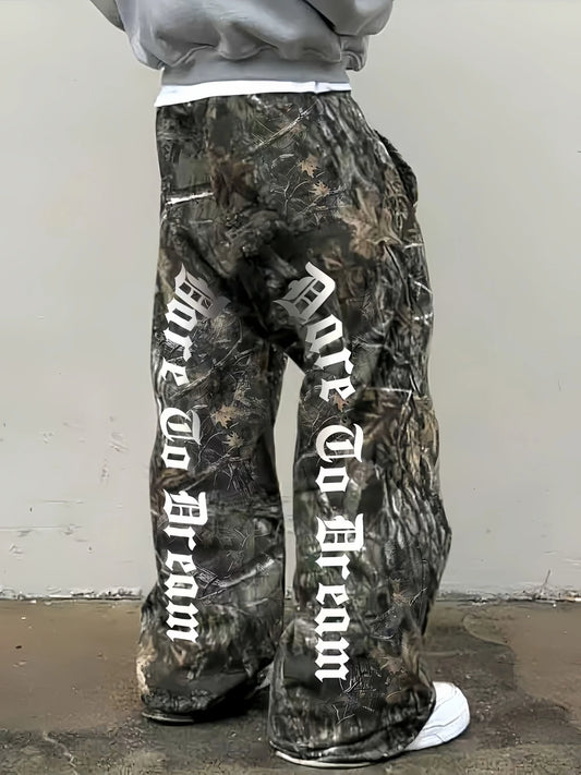Men's Camo Baggy Sweatpants Straight Leg Drawstring Hunting Pants Streetwear