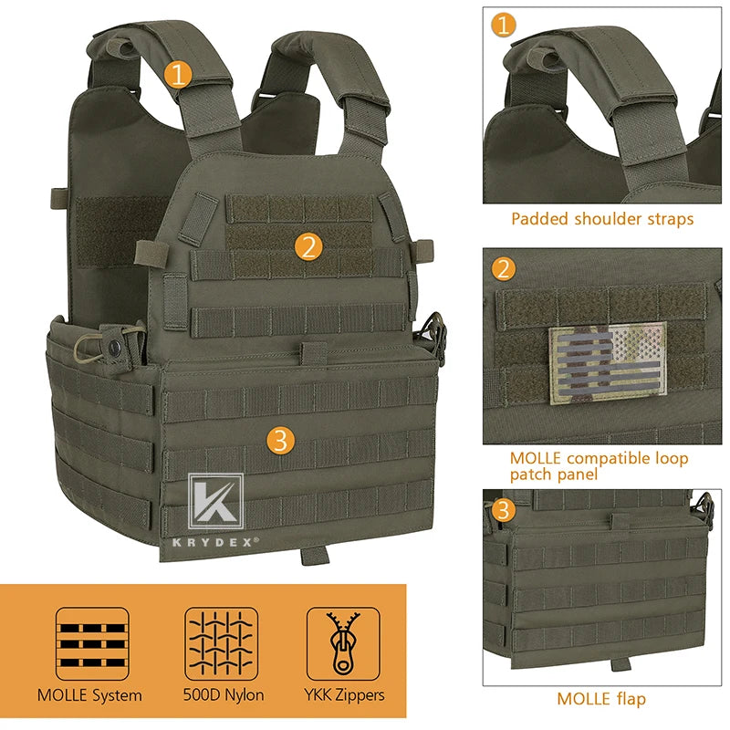 KRYDEX 500D Tactical Modular Vest W/ Triple Magazine Radio Dump Pouch For Airsoft Hunting Combat MOLLE Plate Carrier 6094 Vest