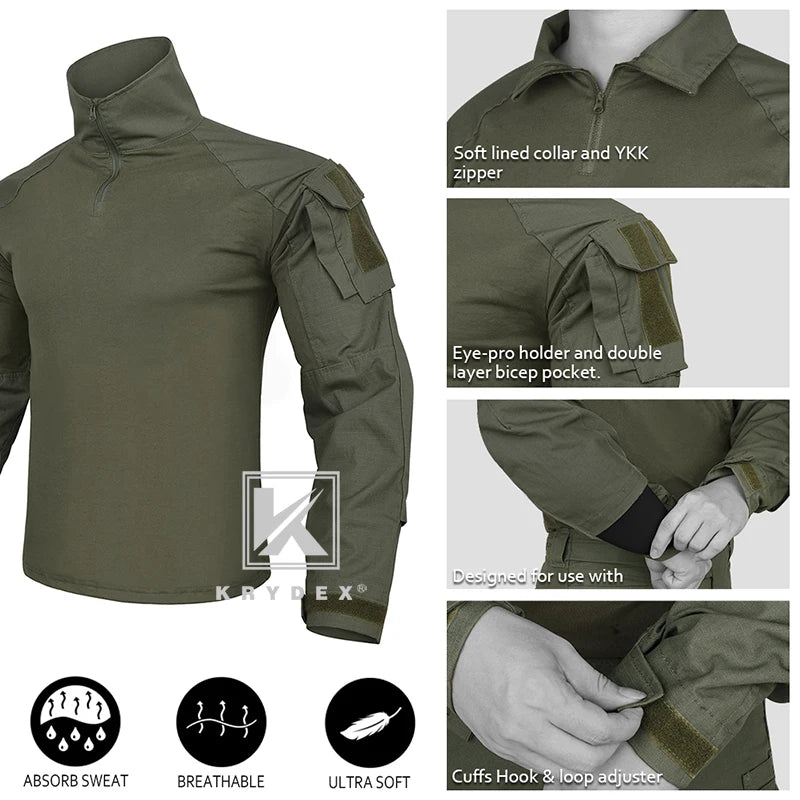 KRYDEX Tactical Camouflage Shirt & Pants Kit Combat Uniform Set For Outdoor Hunting Hiking Gear