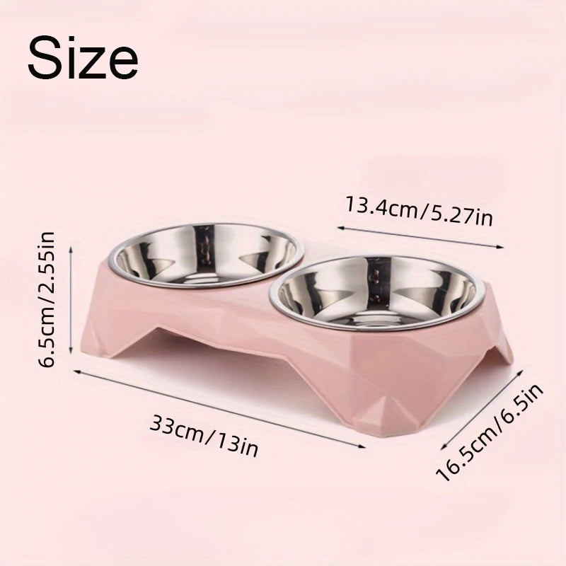 Dog Double Bowl Diamond Pattern Non Slip Food Water Feeder