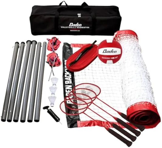 Portable Volleyball & Badminton Combo Set with 4 Racquets, Net, Ball, Pump & Carry Bag for Outdoor Fun