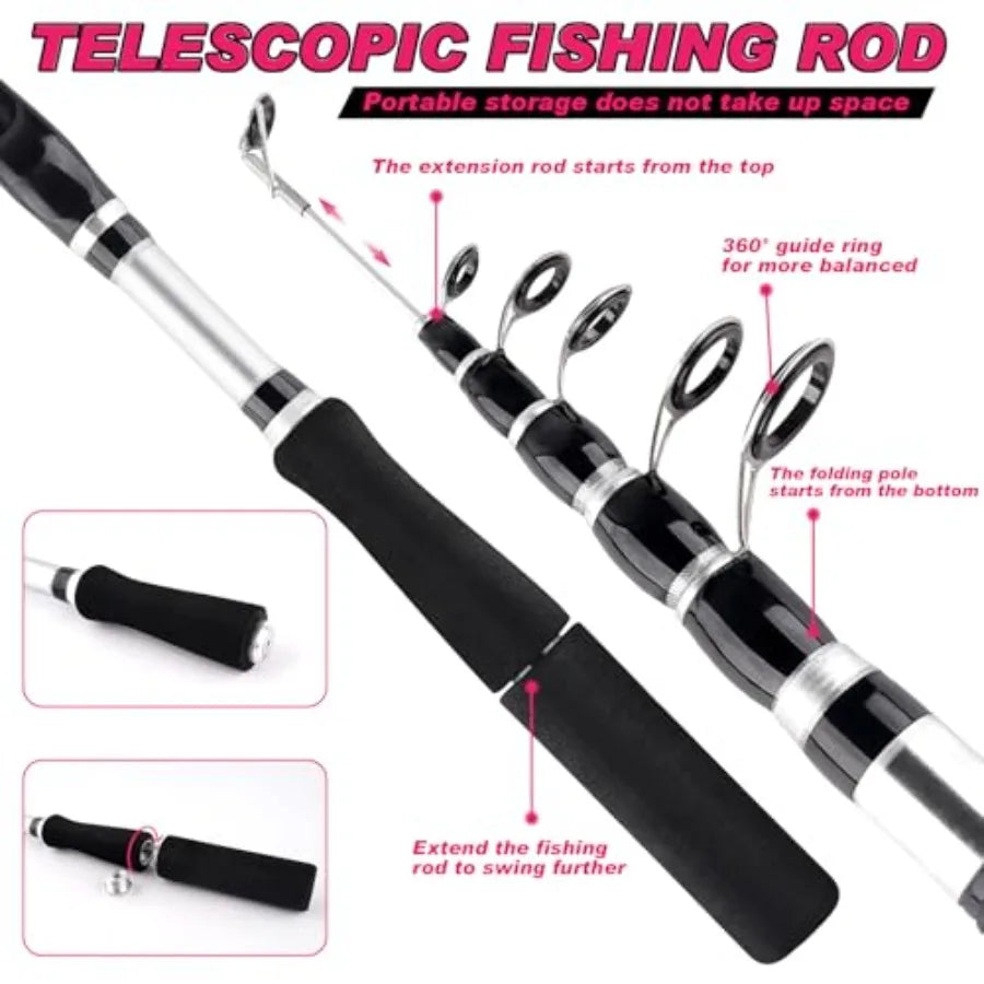 2PCS Telescopic Fishing Rods and Reels Combo Set 6.89ft Portable Fishing Pole Spinning Reel Lures Accessories with Storage Bag