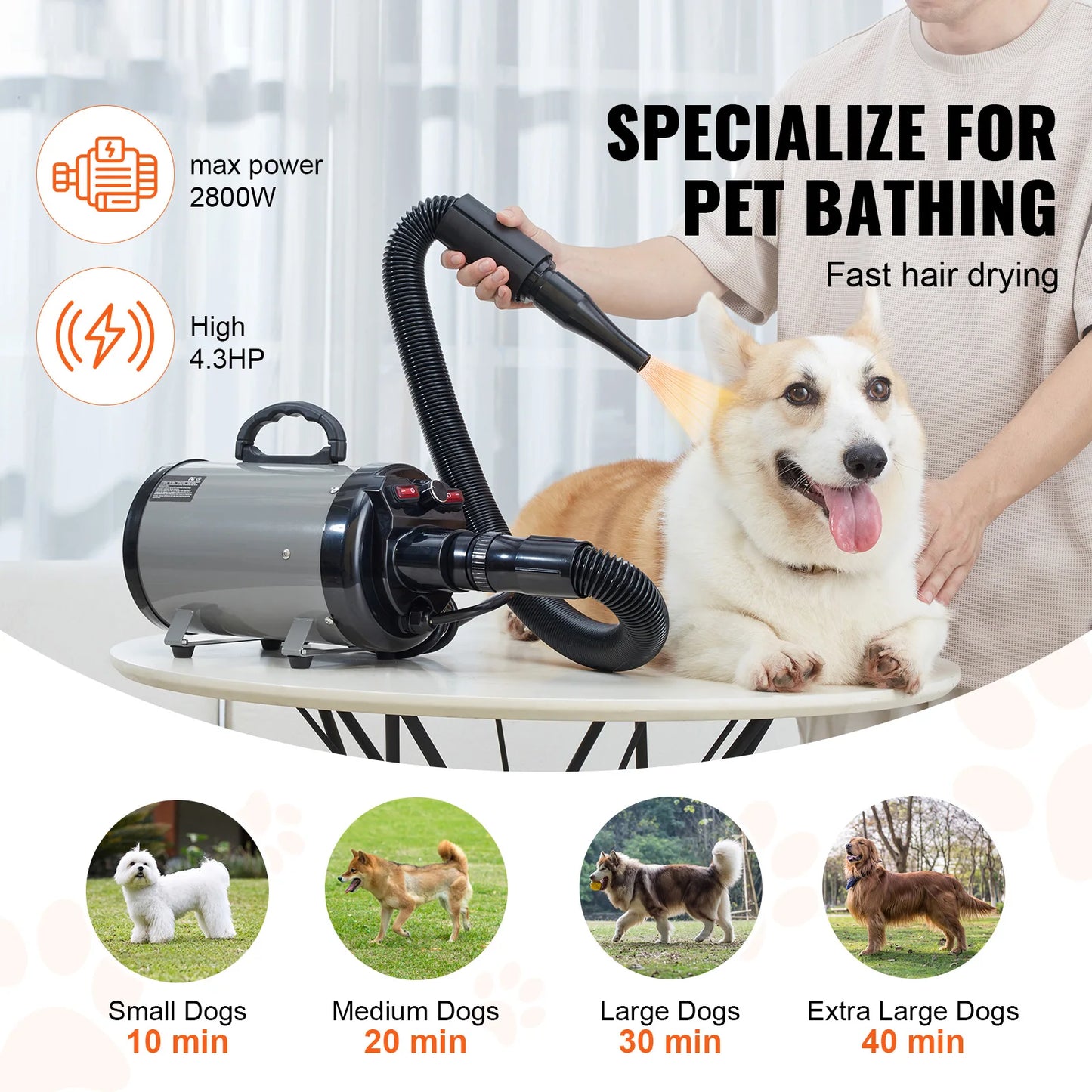 Dog Blow Dryer 2000W With Adjustable Speed Temperature Control For Pet Grooming