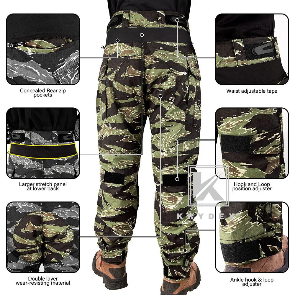 KRYDEX Camouflage Combat Uniform Clothing Hunting Hiking Tactical Shirt & Pants Suit Kit Tiger Stripe Camo