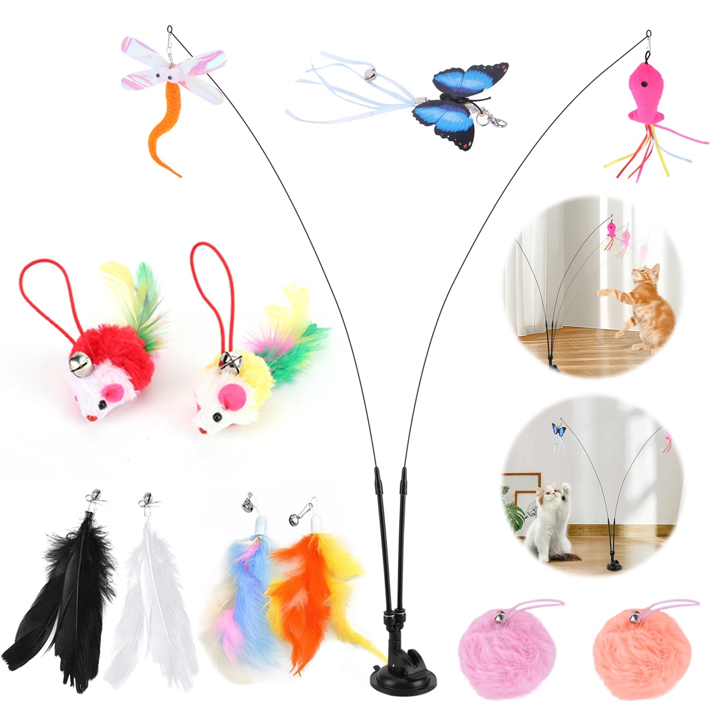 Shunmaii Pet Cat Toy Set With Suction Cup Teaser Stick