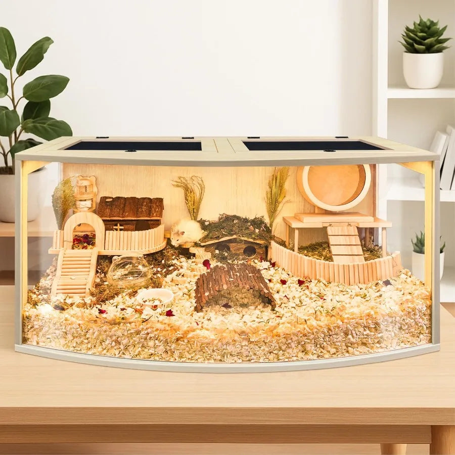 Hamster Cage Chew Proof Wood Hamsters Enclosure Openable Top with Curved Design Waterproof Small Animals Cage with Acrylic Shee