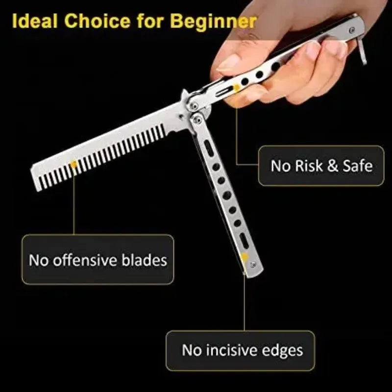 Stainless Steel Foldable Butterfly Knife Comb For Hairdressing Beards
