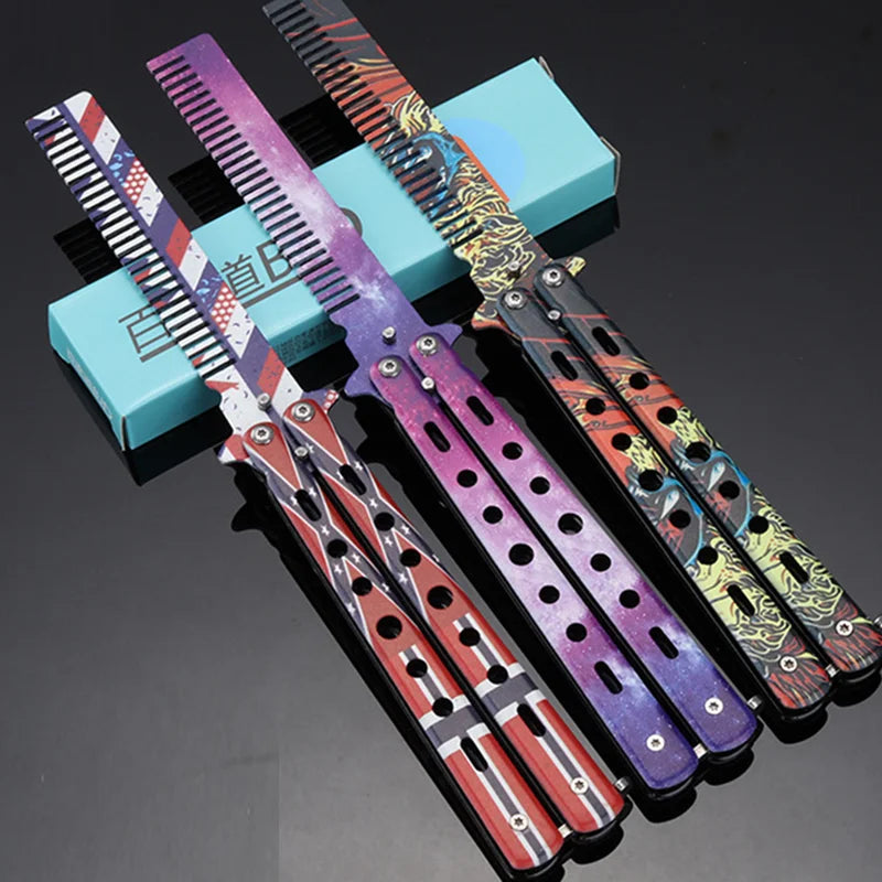Stainless Steel Foldable Butterfly Knife Comb For Hairdressing Beards
