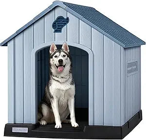 PUKAMI Large Dog House Outdoor Indoor, Plastic Dog House Weatherproof for Large Dogs, Study Puppy Shelter with Air Vents and Ele