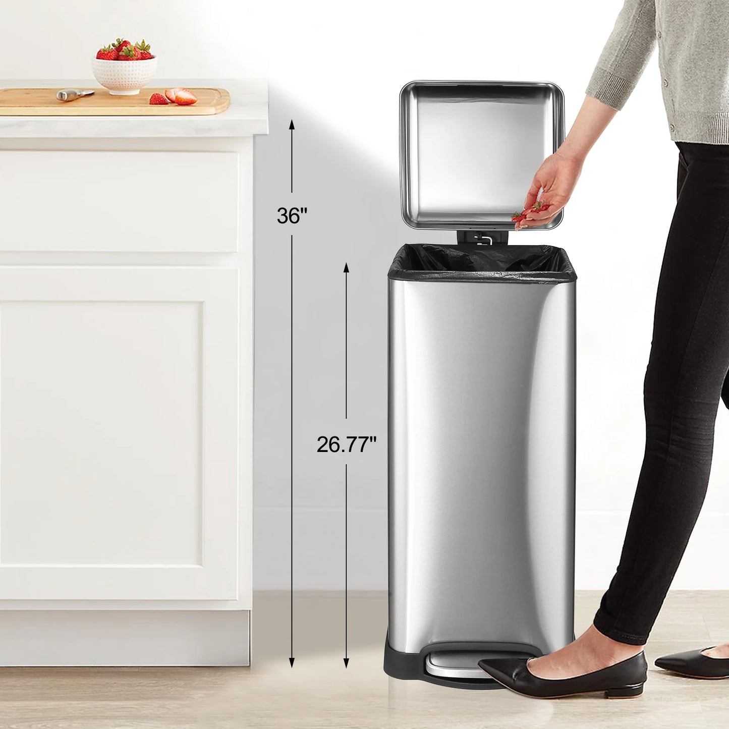 8 Gallon Step Trash Can, Square Fingerprint-Proof Garage Can with Soft-Close Lid for Home with Removable Inner Bucket