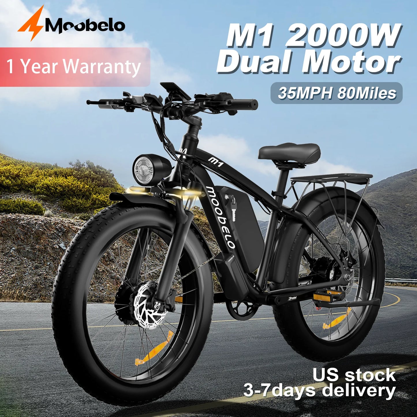 Moobelo M1 2000W Dual-Motor E-Bike 48V 22.4ah Fat Tires Full Suspension CE Certified US Warehouse Snow Beach Urban Riding Ebike