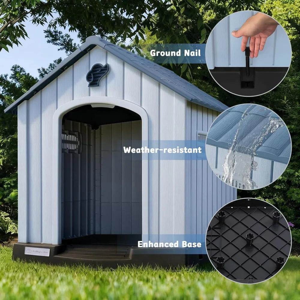 PUKAMI Large Dog House Outdoor Indoor, Plastic Dog House Weatherproof for Large Dogs, Study Puppy Shelter with Air Vents and Ele