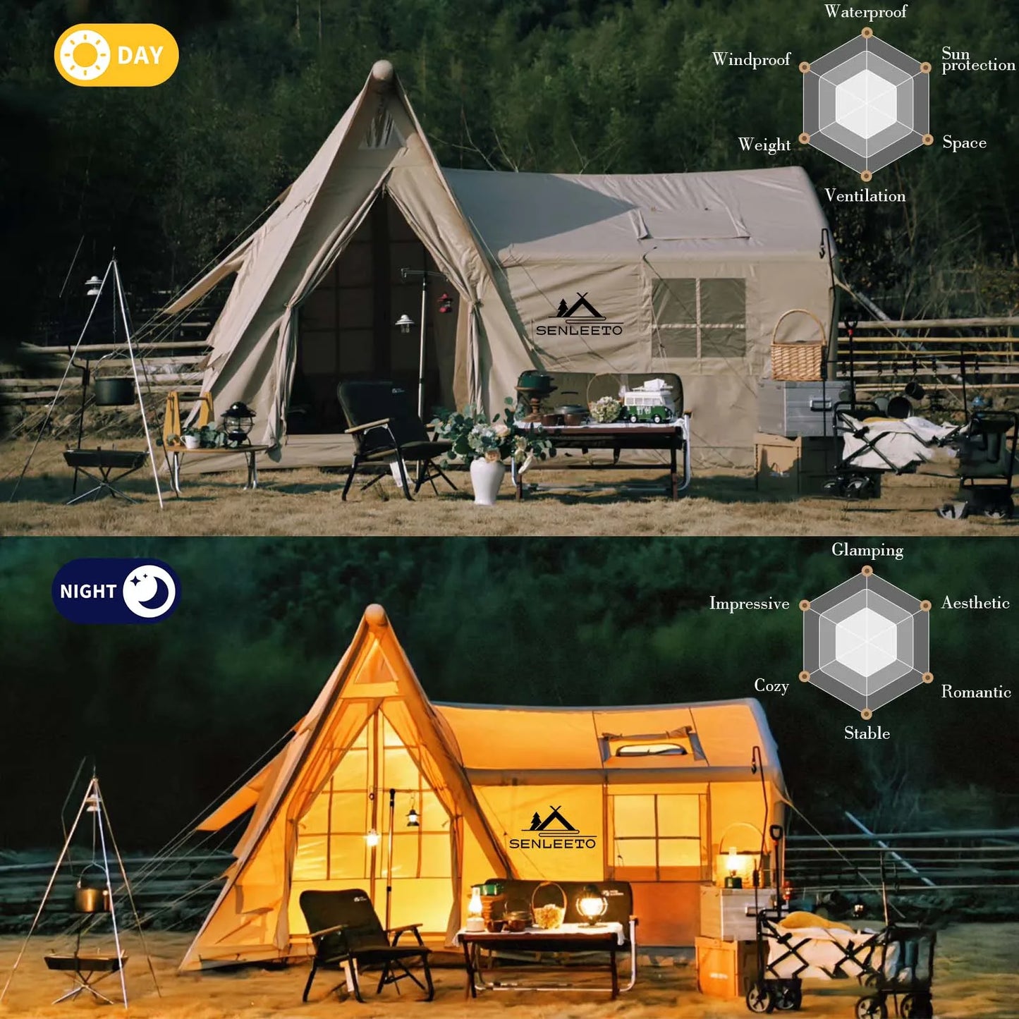 6-8 Person Large Inflatable Camping Tent, 4 Season Blow Up Tents with Rainfly, Luxury Inflatable Tent House with Stove Jack