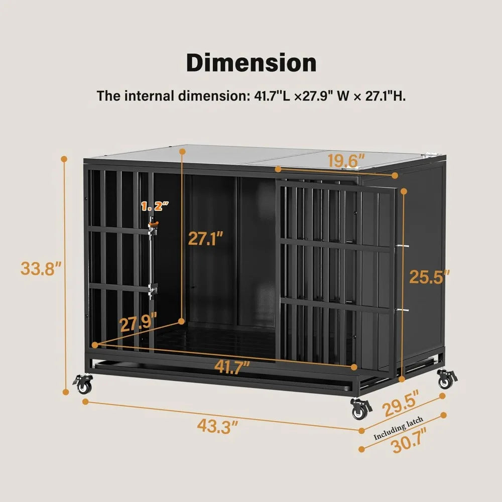 42 Inch Heavy-Duty Dog Crate - Indestructible Steel, Self-Locking Latch, and Chew-Proof Enclosed Design for Large Dogs