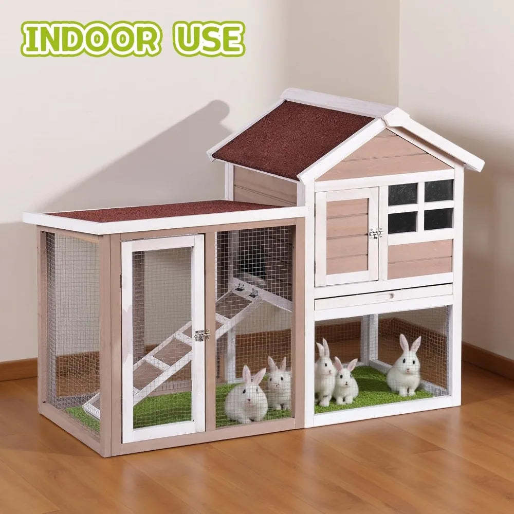 Wooden Rabbit Hutch Indoor Outdoor 2-Level Cage Pull-Out Tray