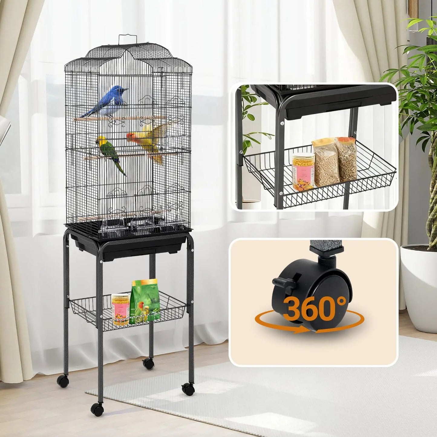 60" Rolling Parrot Cage With Play Top Storage Shelf Metal Aviary Slide Out Tray Non Toxic Locking Doors For Indoor Outdoor Use