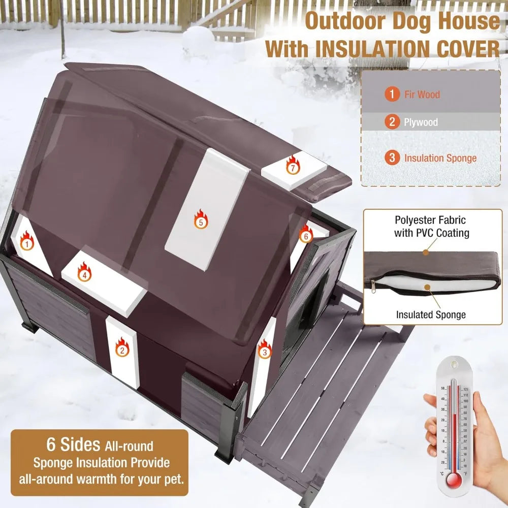 Dog House Outdoor with Insulated Liner, Winter Dog Kennel for Small Mediun Dogs with Anti-Biting Metal Iron Frame, Heated Dog Ho