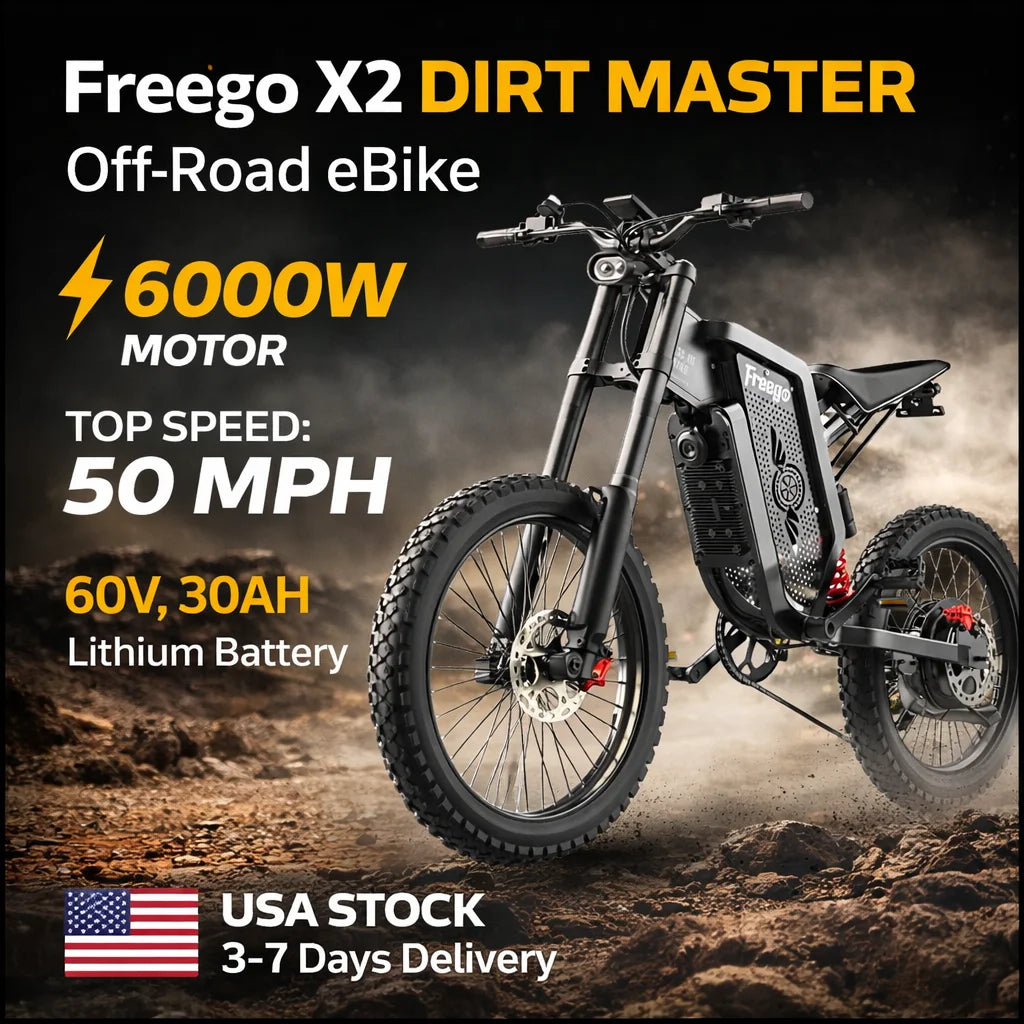 Freego X2 Electric Dirt Bike for Adults 6000W Motor 60V/30Ah Battery 50MPH Electric Motorcycle 19 x2 Tire Full Suspension E-Bike