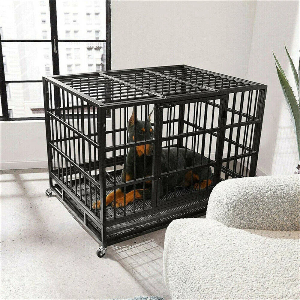 BORWAR Heavy Duty Dog Crate With Lockable Wheels And Tray