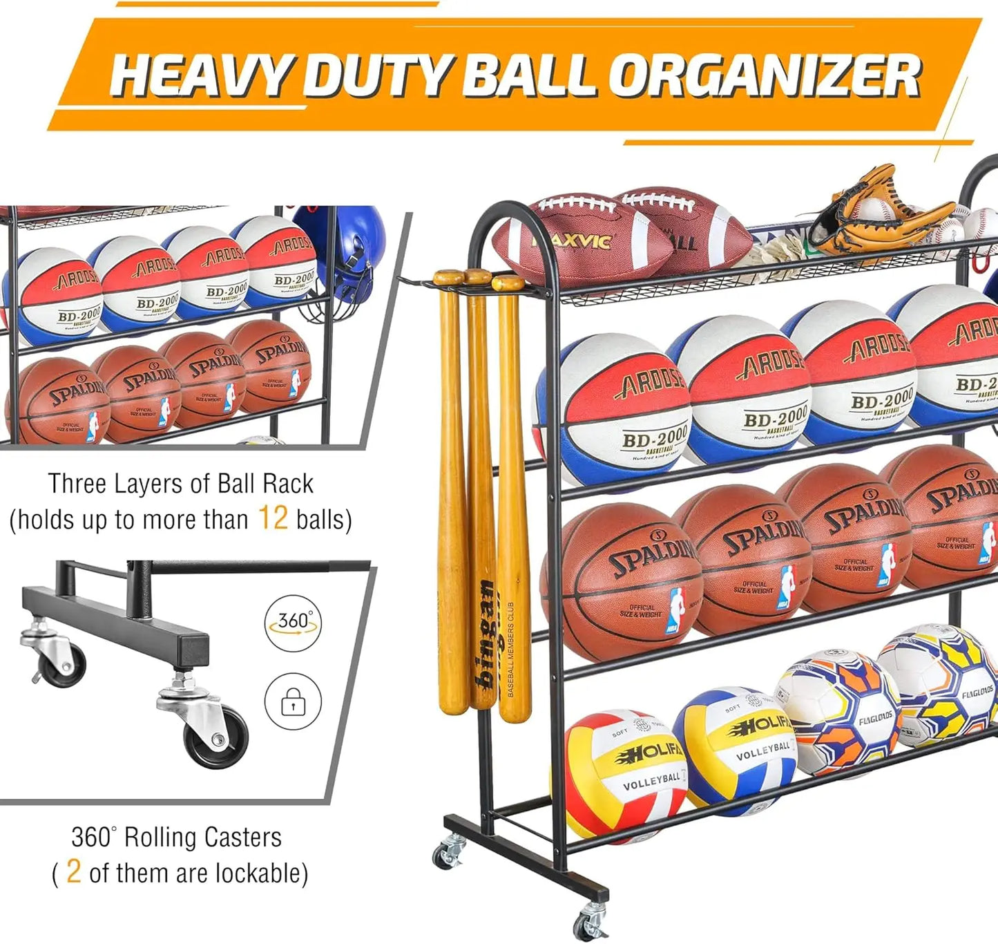 Rolling Sports Equipment Storage Rack with Wheels, Holds Basketballs, Baseball Bats, Volleyballs & Football Accessories