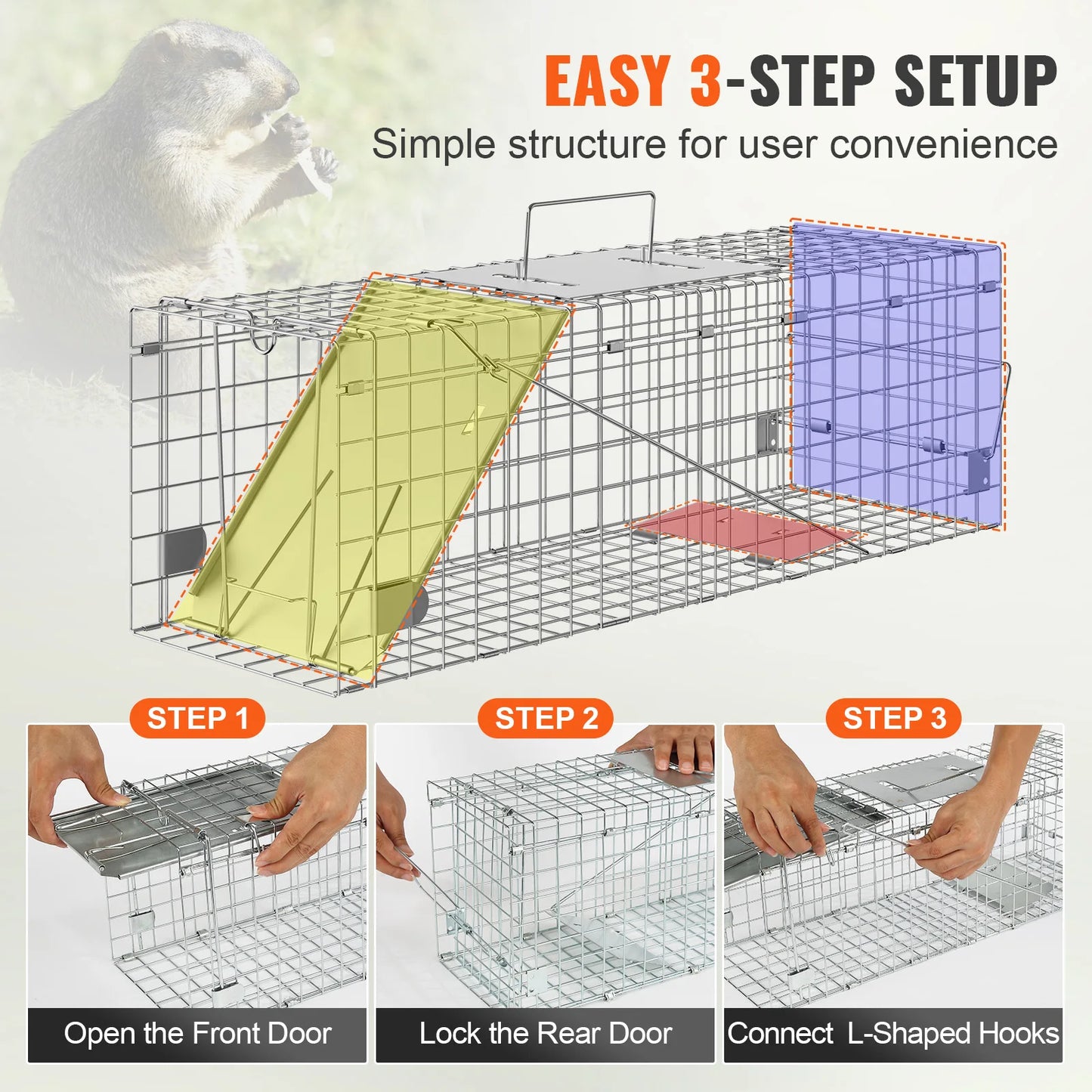 SucceBuy Live Animal Cage Trap Humane Cat Rodent Control Folding with Handle for Rabbits Stray Cats Squirrels Raccoons Groundhog