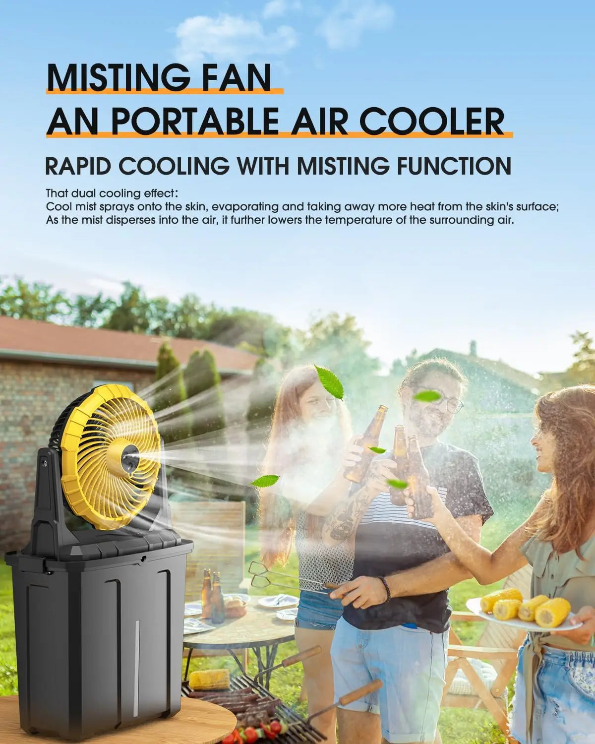 Portable Misting Fan with 9L Bucket, 10-inch Outdoor Cooling Fan for Patio Camping Beach, USB Rechargeable Battery Powered