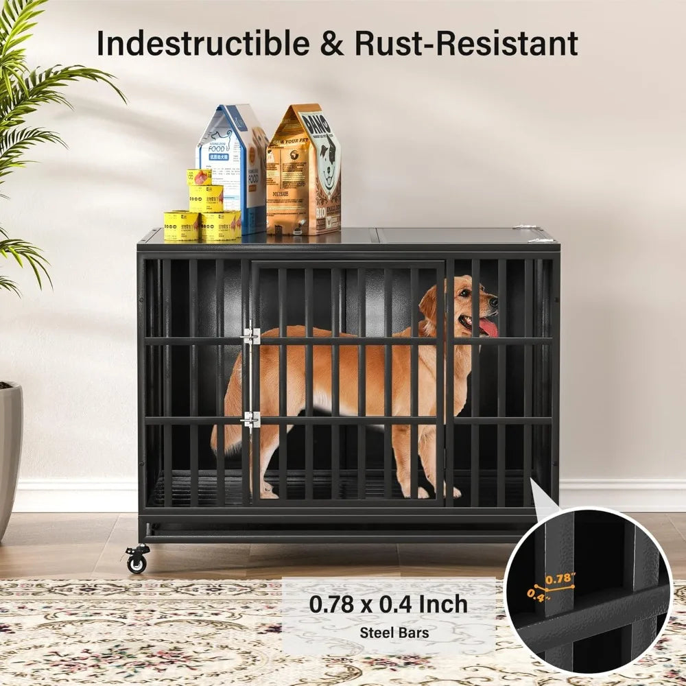 42 Inch Heavy-Duty Dog Crate - Indestructible Steel, Self-Locking Latch, and Chew-Proof Enclosed Design for Large Dogs