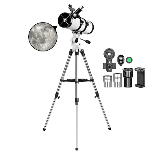130mm Reflector Telescope with Upgrade Stainless Steel Tripod Mobile Holder Stargazing APP Max 130X for Moon Watching