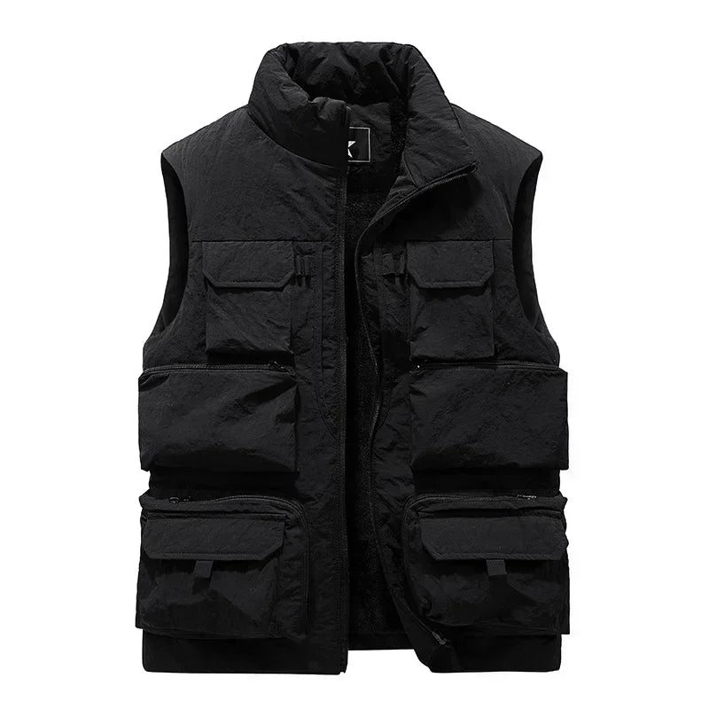 Men's New Keep Warm Fleece Work Sleeveless Jacket Slim Fit Windbreaker Fashion Many Pocket Jacket Men Winter Sleeveless Jackets
