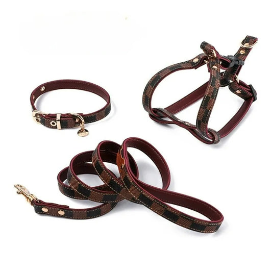 Vintage Plaid Lightweight Dog Three-Piece Set Pet Adjustable Harness Leash Collar Set for Small and Medium Dog Puppy Accessories