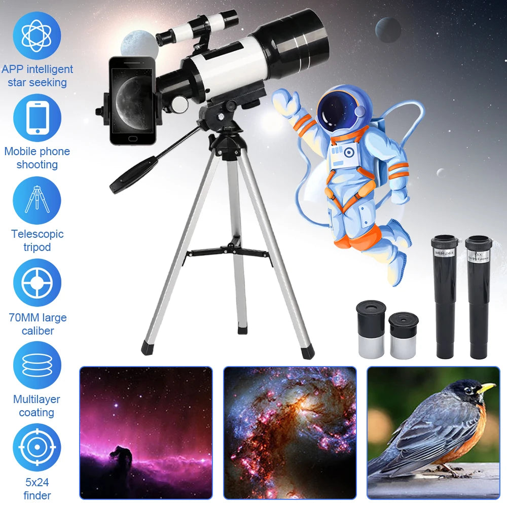 150X Astronomical Telescope , 70mm Aperture Refractor Portable Travel Telescope with Phone Adapter &Wireless Remote