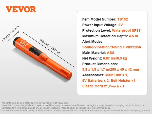VEVOR Metal Detector Pinpointer IP66 IP68 Waterproof Handheld Wand