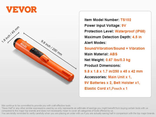 VEVOR Metal Detector Pinpointer IP66 IP68 Waterproof Handheld Wand