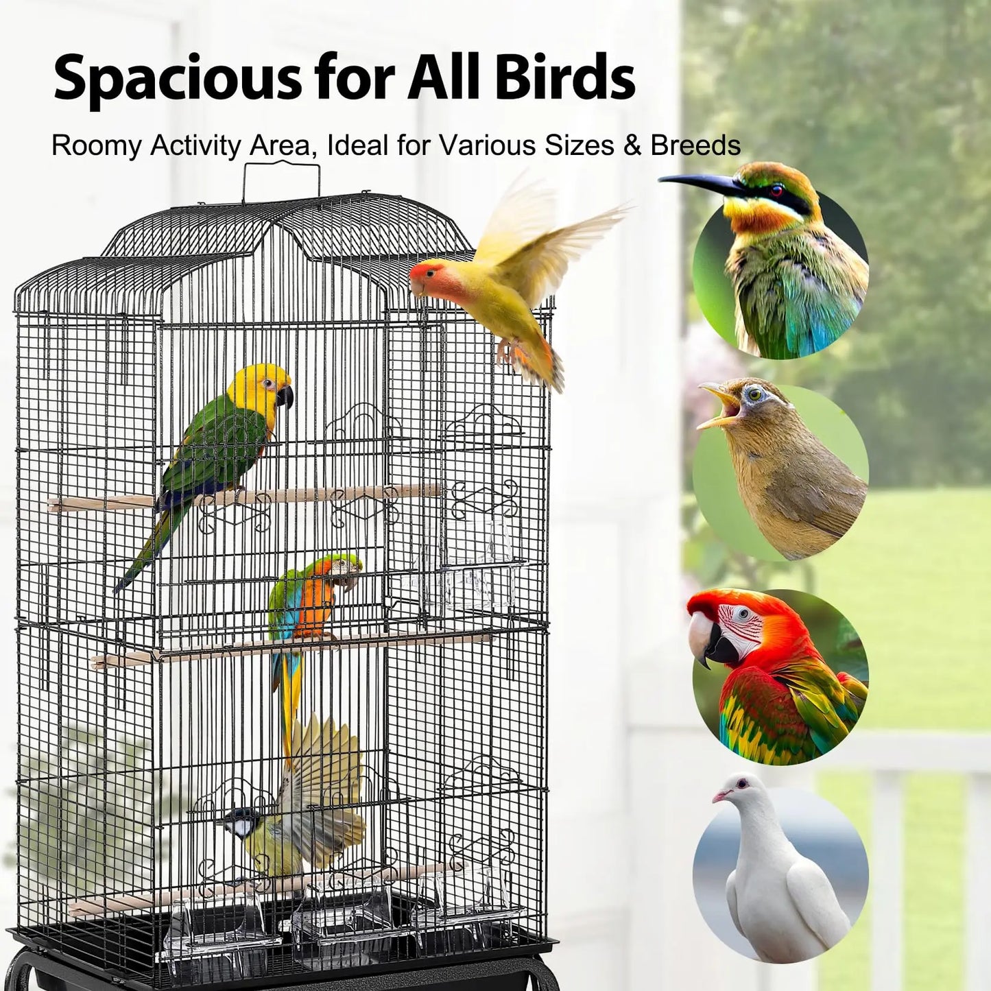 60" Rolling Parrot Cage With Play Top Storage Shelf Metal Aviary Slide Out Tray Non Toxic Locking Doors For Indoor Outdoor Use