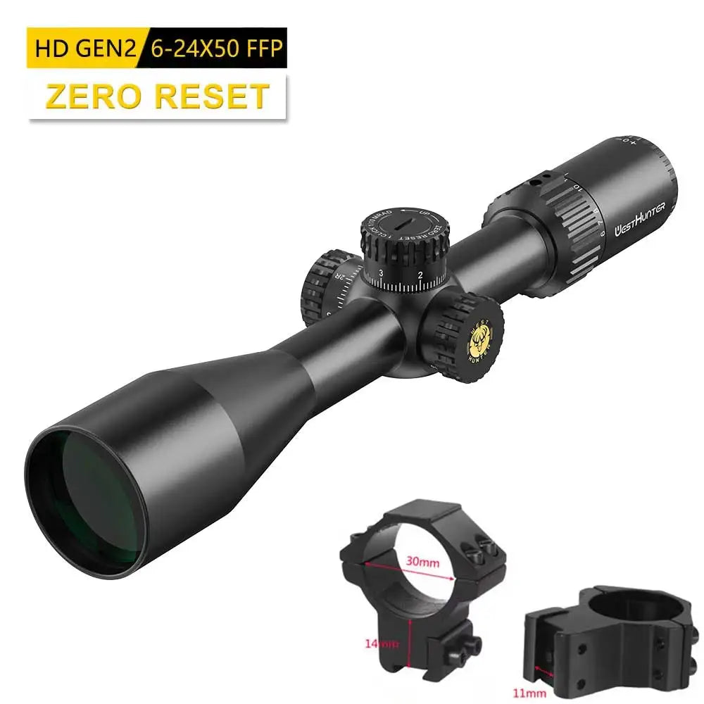 WestHunter HD GEN2 6-24X50 FFP Riflescope 1/10 MIL First Focal Plane Etched Glass Reticle Zero Reset/Zero Stop Optical Sight