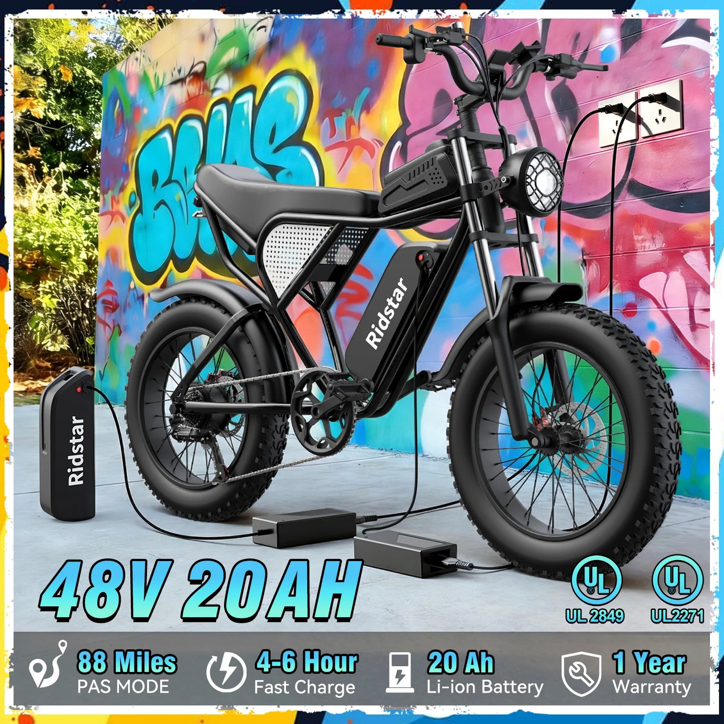 Ridstar Q30 2000W Electric Bike for Adults 48V 20Ah Detachable Battery 33MPH & 88 Miles Electric Motorcycle 20’’ Fat Tire E-Mou