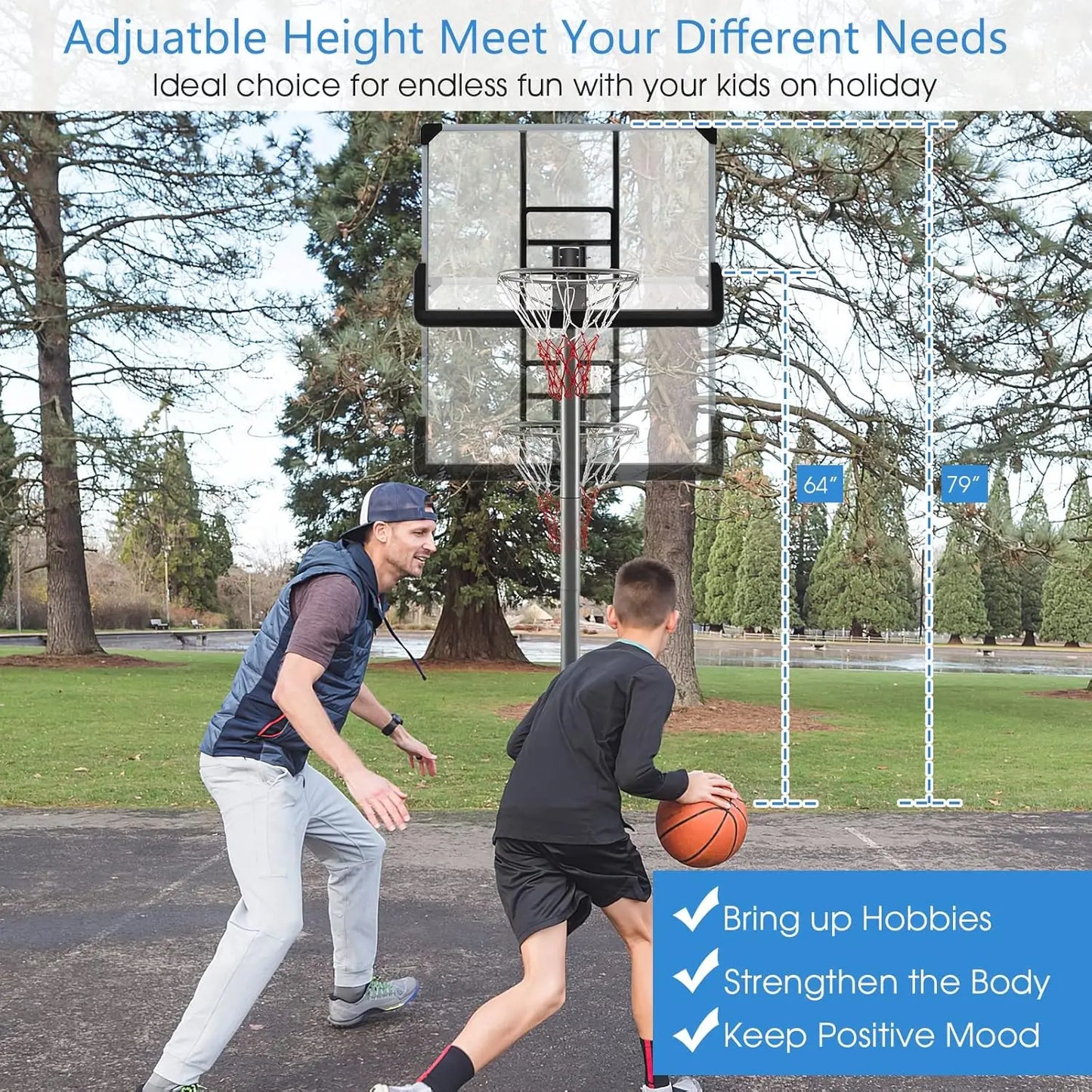 Portable Basketball Hoop Outdoor, Height Adjustable 64''-79'' with Wheels, Shatterproof Board, Fillable Base for Youth