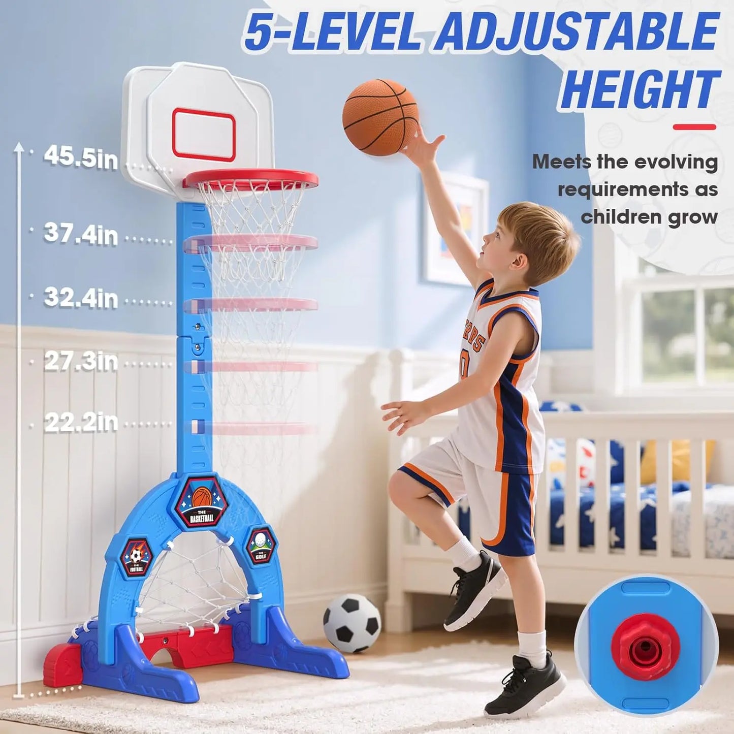 3-in-1 Sports Center with Soccer, Golf, Adjustable Basketball Hoop for Indoor Outdoor Play, Blue Toy Gift