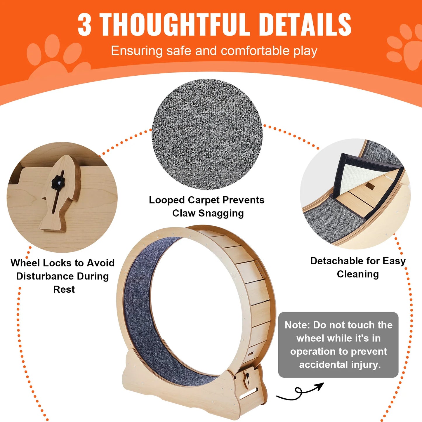PremiumSolidWood Wooden Cat Exercise Wheel Indoor Running Solution Detachable Carpet